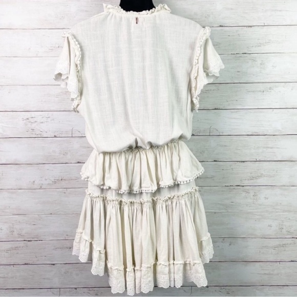 MISA Los Angeles Linen Popover Ruffle Tiered Mini Dress in Ivory Cream S - Picture 6 of 10